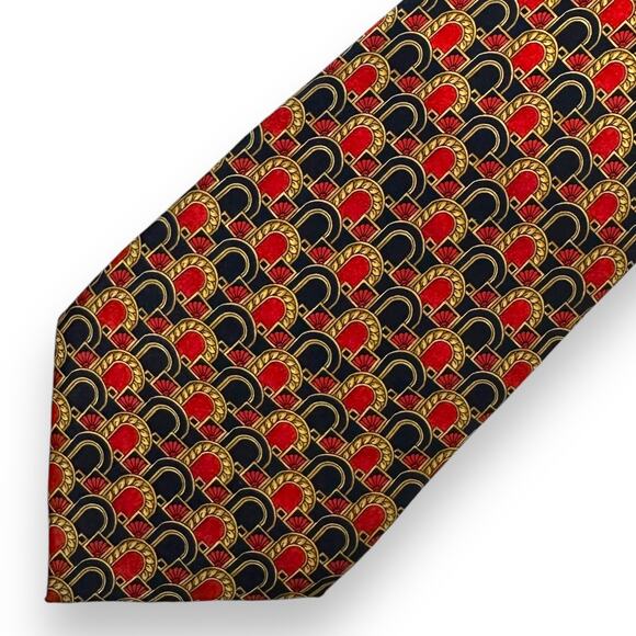 LANVIN Paris Neck Tie Vtg 100% Silk Made in France Geometric Navy Blue Red Gold - Picture 1 of 9